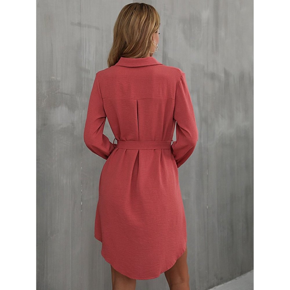 Button Down Belted Long Sleeve Shirt Dress - Picture 2 of 6